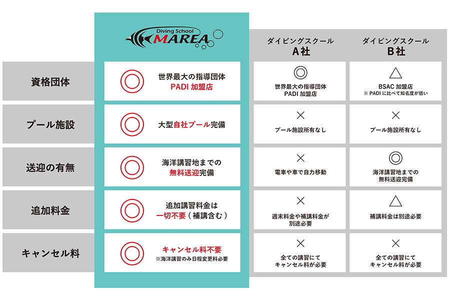 ダイビングスクールの比較表